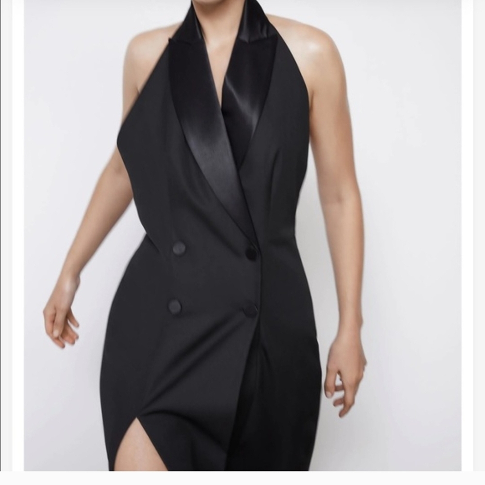 Zara Black One-Shoulder Halter Blazer Dress